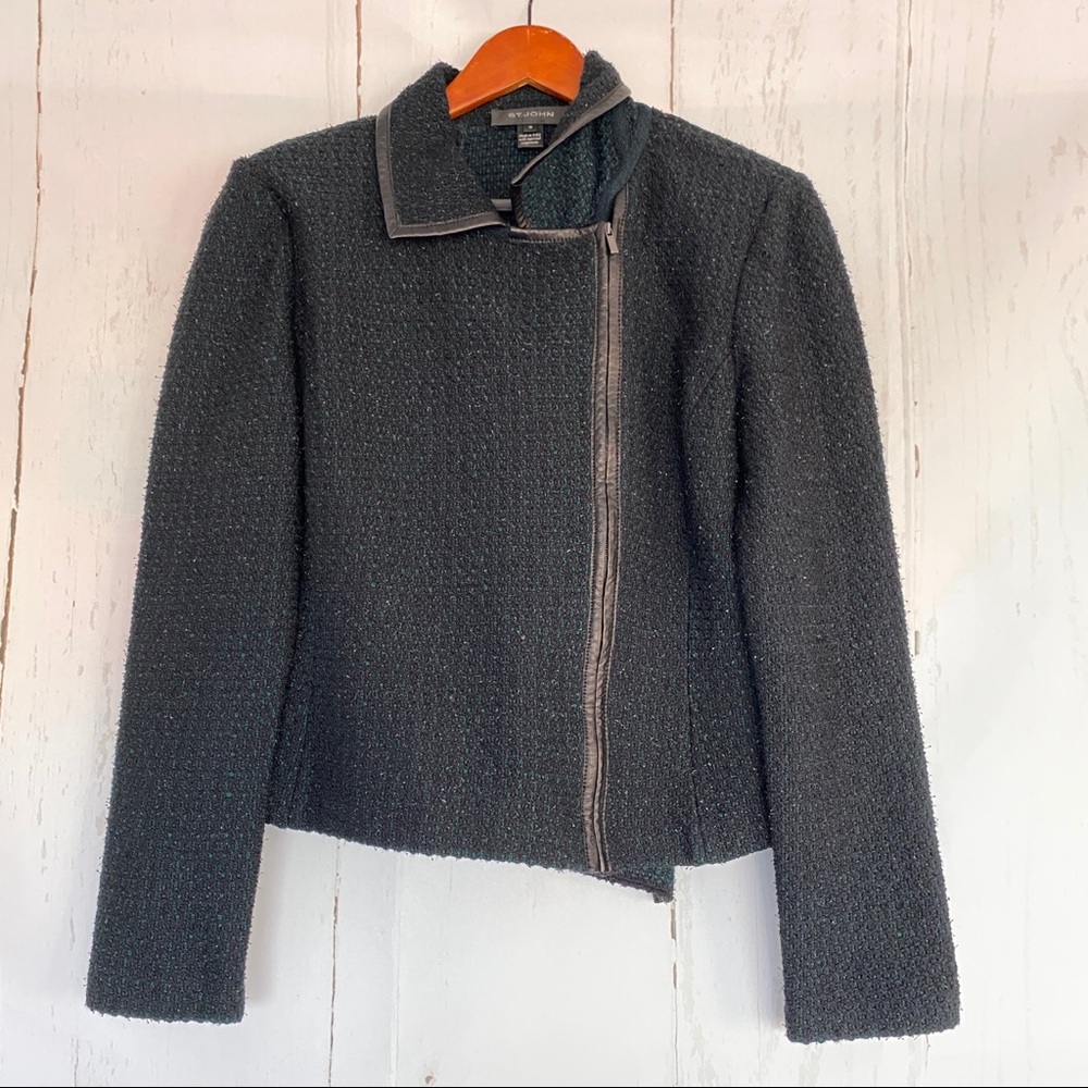 ST. JOHN Wool Blend Tweed Green Black Asymmetric Hem Blazer Jacket Size 10